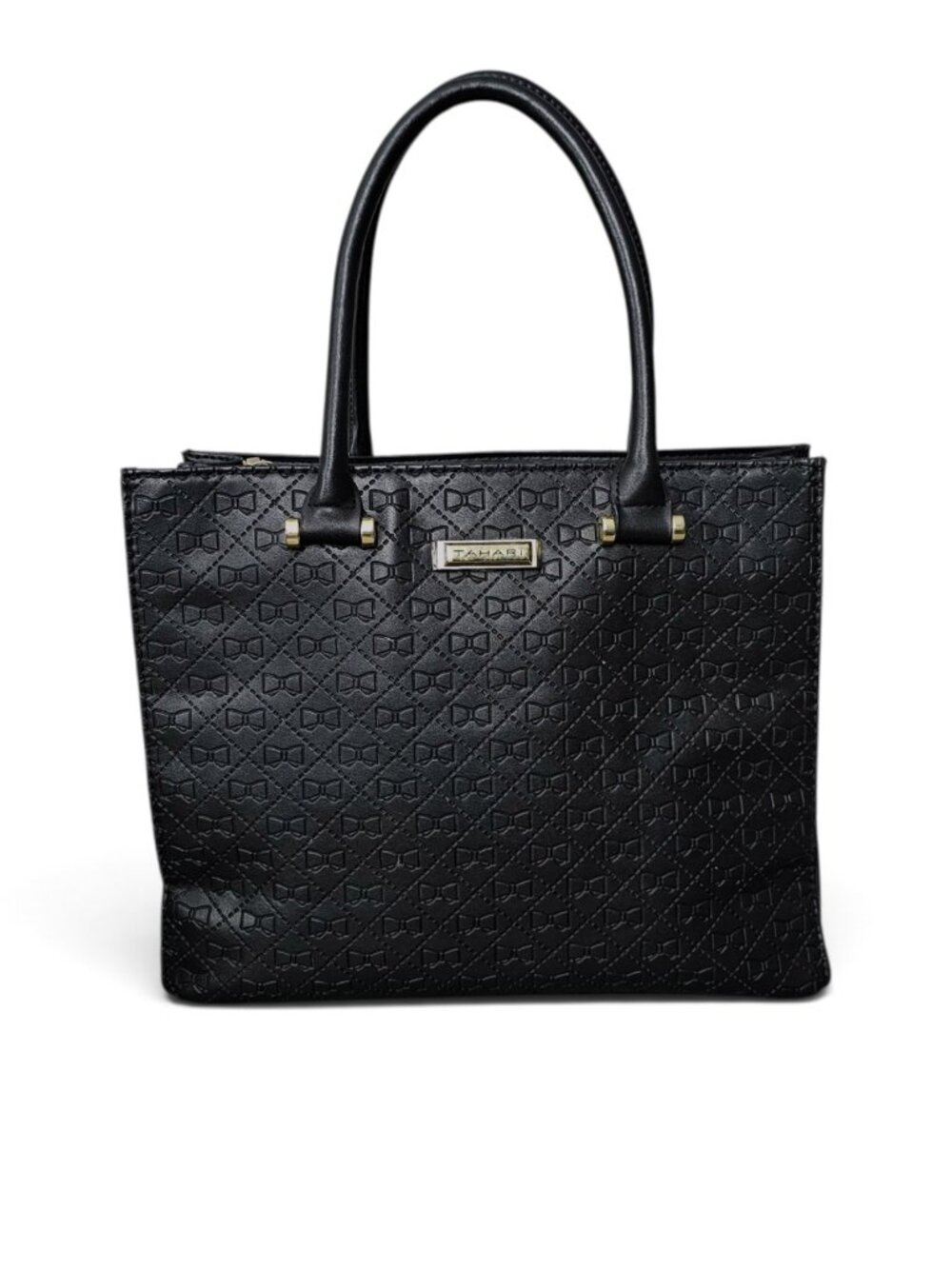 Tahari Black Structured Debossed Bow Y2K Pattern Vegan Tote Handbag Gold Tone